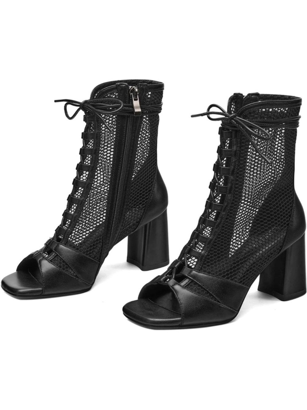 Women’s Lumuta Mesh Lace up Block Heel Open Toe Booties  Black Sz 6 NIB